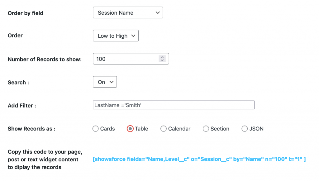 Show specific records on WordPress from Salesforce