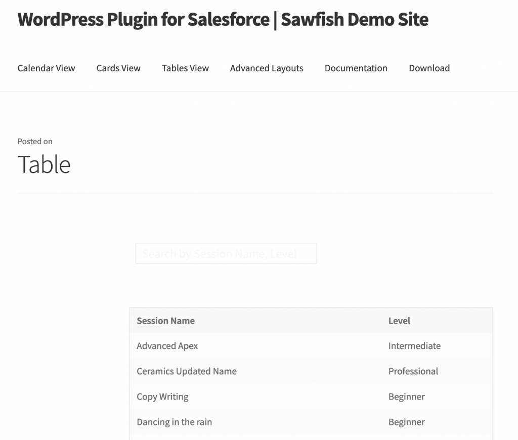 Salesforce table with search