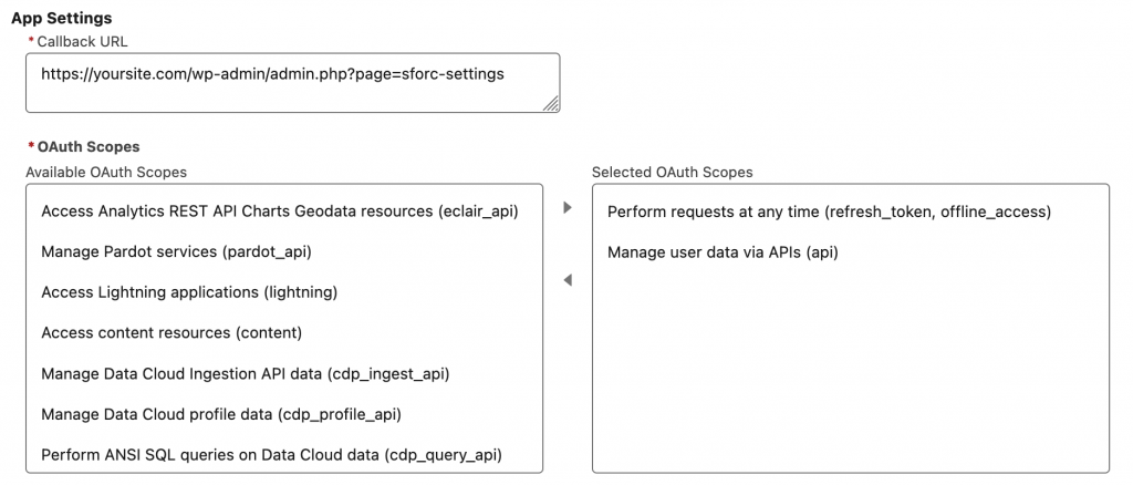 Screenshot of App Settings and OAuth Scopes