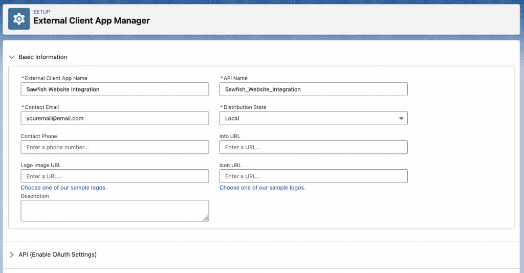 Screenshot of Details to enter in External Client App
