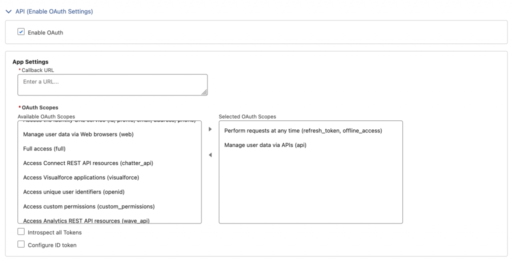 Screenshot of OAuth Settings in External Client App